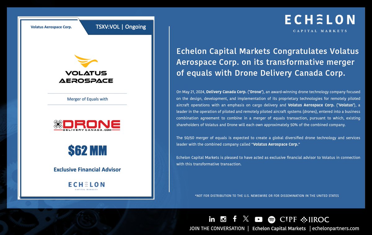 Echelon Capital Markets Congratulates Volatus Aerospace Corp. on its transformative merger of equals with Drone Delivery Canada Corp.

#Merger #MergeofEquals #Technology #CapitalMarkets