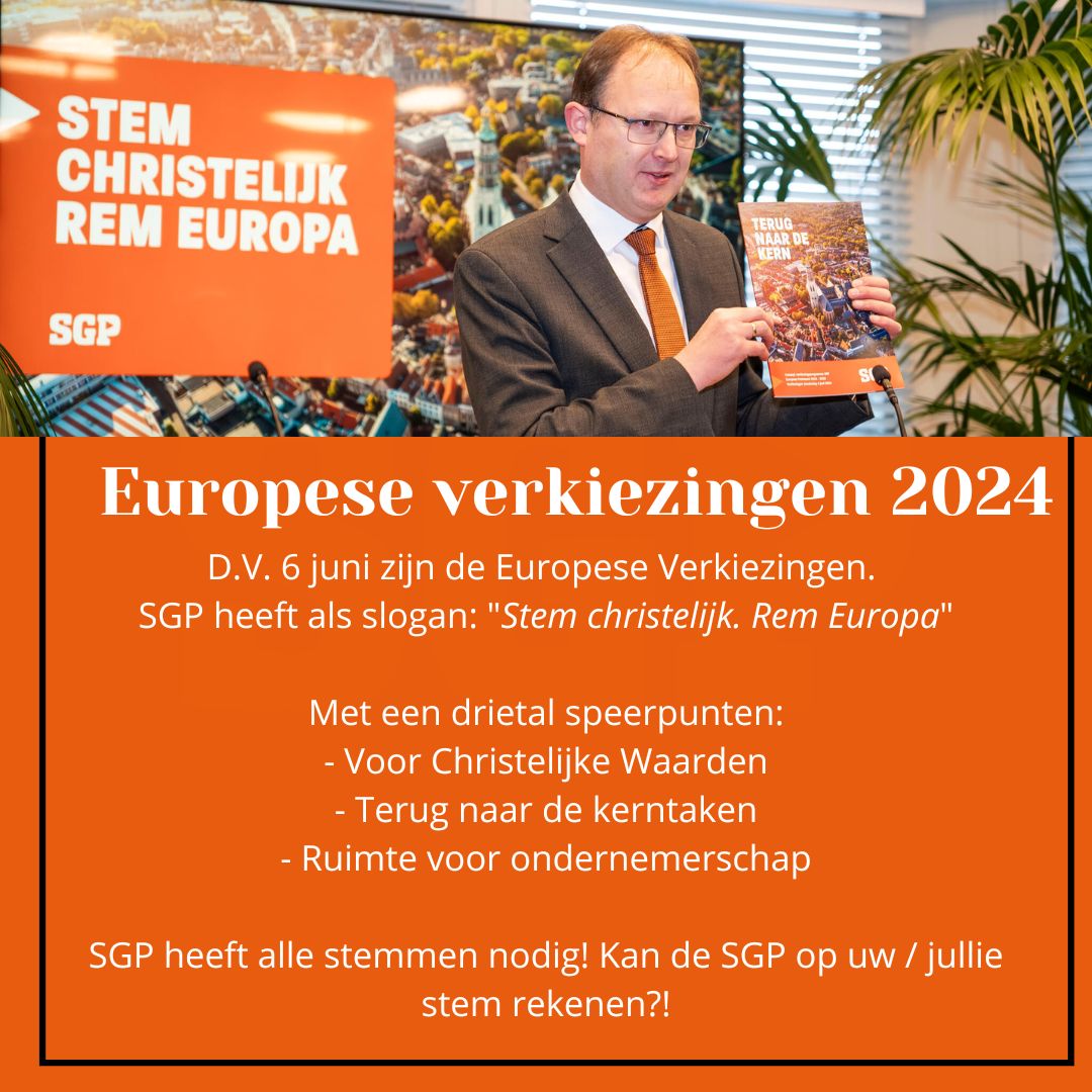 D.V. 6 juni zijn de Europese verkiezingen. SGP heeft als slogan: "Stem Christelijk. Rem Europa". Kan de SGP op jullie stem rekenen! Zie meer informatie en het volledige verkiezingsprogramma op: sgp.nl/verkiezingspro…. <a href="/hjaruissen/">Bert-Jan Ruissen (SGP EP)</a>