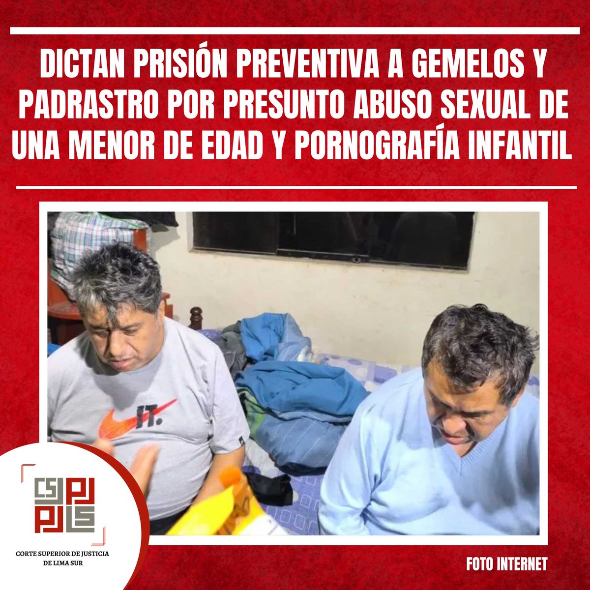CSJlimasur's tweet photo. DICTAN PRISIÓN PREVENTIVA A GEMELOS Y PADRASTRO POR PRESUNTO ABUSO SEXUAL DE UNA MENOR DE EDAD Y PORNOGRAFÍA INFANTIL
- También es les imputa de haber abusado de otras niñas.

Mayor información aquí: https://t.co/6b8Zx7qFCI https://t.co/LP7agFliCl