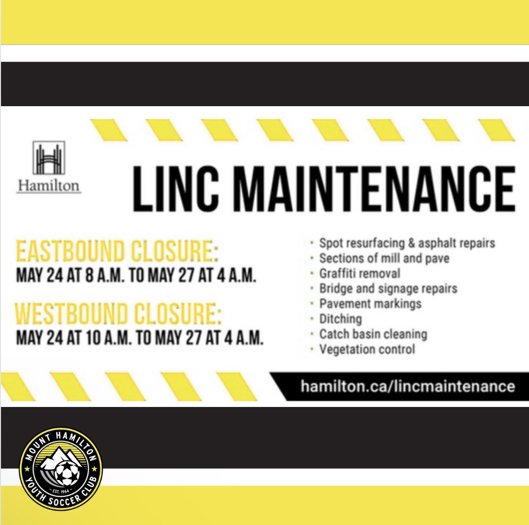 MHYSC's tweet image. Reminder that the linc will be under maintenance starting tomorrow. Eastbound lanes will be closed from May 24th at 8am-May 27th at 4 am.Westbound lanes from 10 am on May 24th-27th at 4am. Soccer is running as scheduled this weekend so allow extra time and plan alternative routes