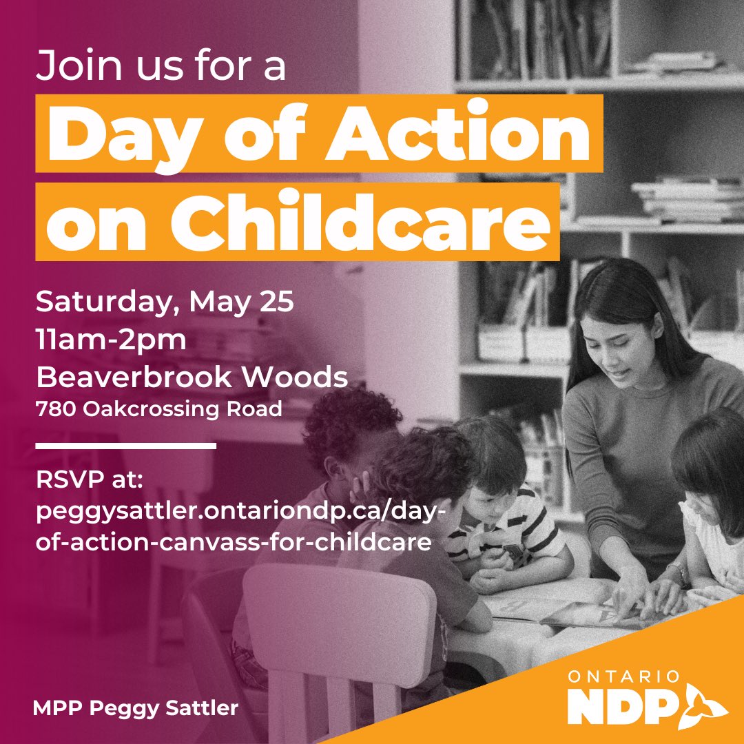 Come join me and London West ONDP for a Childcare Day of Action canvass on Saturday May 25, 2024. We’ll be knocking on doors to talk about the @OntarioNDP’s plan to improve the childcare system for children, families, and educators. RSVP below! #onpoli