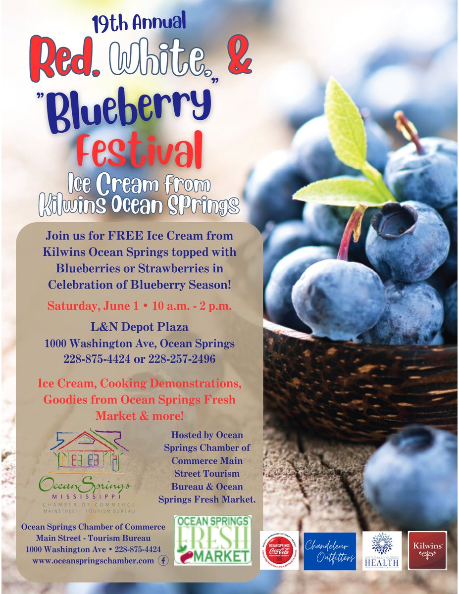 🌞🍦 Join us for the Annual Red, White &amp; "Blueberry" Festival! 🍦🌞

📅 Sat, June 1
🕙 10 a.m. – 2 p.m.
📍 L&amp;N Depot Plaza, Downtown Ocean Springs

Enjoy FREE vanilla ice cream with blueberries or strawberries, sample blueberry dishes, buy blueberry bushes, and more! 🫐🍓