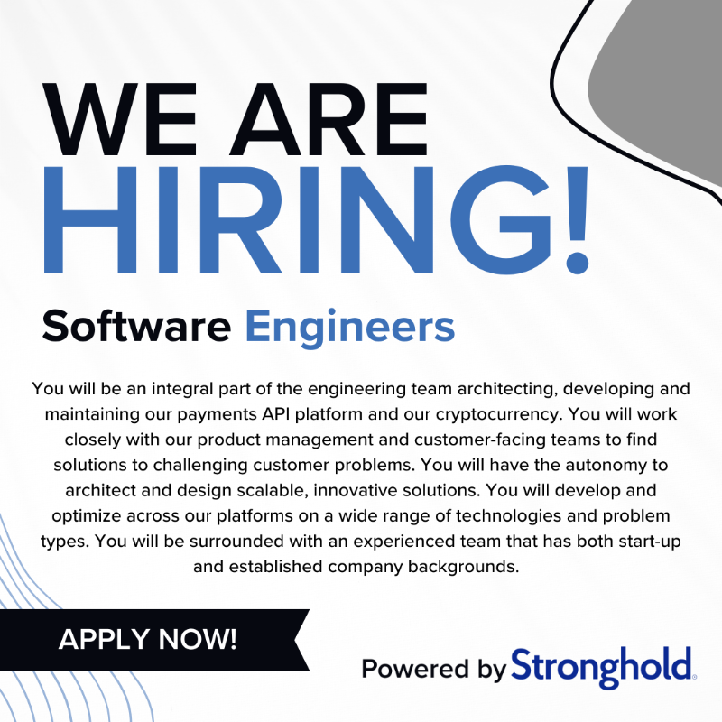 strongholdpay's tweet photo. Passionate about fintech? Stronghold needs a Software Engineer to develop our payments API and cryptocurrency. Proficient in .NET and Go? Apply now! https://t.co/J5CGyUwQ1y #Hiring #SoftwareEngineer
