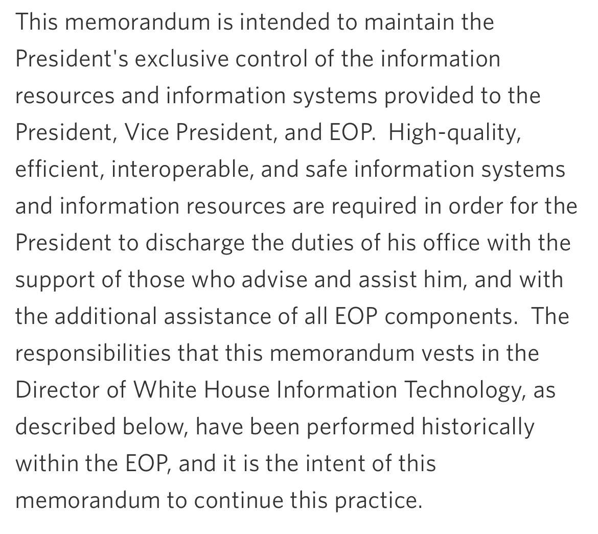/17 Moreover, PITC explains how the President controls all the records: 'This memorandum is intended to maintain the President's exclusive control of the information resources and information systems provided to the President, Vice President, and EOP.'  obamawhitehouse.archives.gov/the-press-offi…