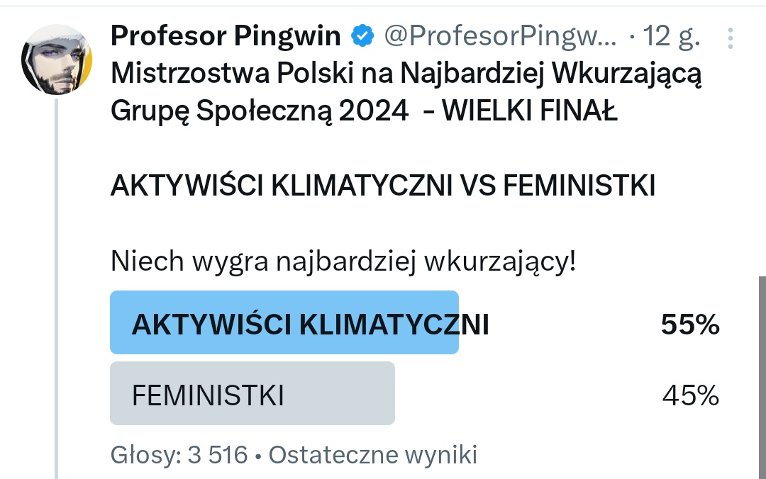 AKTYWIŚCI KLIMATYCZNI zwyciężają w finale z feministkami i oficjalnie otrzymują zaszczytny tytuł Najbardziej Wkurzającej Grupy Społecznej 2024. @OstatniePokolen gratulacje - niezwykle ciężko na to pracowaliście!