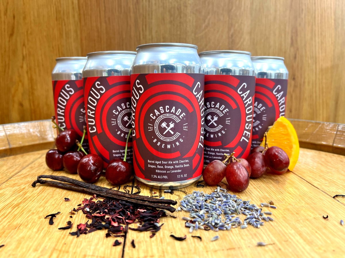 Curious Carousel is an eclectic blend of our sour red, blonde, triple, quad and wheat ales aged for up to 18 months in oak foudres, whiskey barrels and wine barrels. Refermented with cherries, grapes, fresh orange zest, vanilla bean, lavender, hibiscus, rose petals &amp; hips.