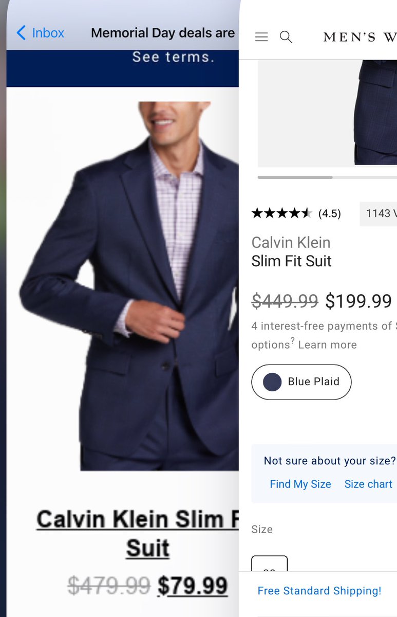 DaronPitts's tweet photo. @menswearhouse your “Memorial Day” Sale email got me going for the “$79.99”….of course the actual link when i clicked it TO the site/sale says “$199.99”. Nice trick. Deceptive. It worked. Got me to visit the site. 🤔 i’d call that #falseadvertising https://t.co/42wyCxZNNI
