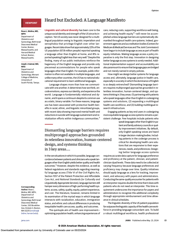 Lilia Cervantes (@cervantes_lily1) on Twitter photo Heard but Excluded: A Language Manifesto by <a href="/Rose_L_Molina/">Rose L. Molina, MD, MPH</a>
⭐️ language concordance yields better quality/health outcomes yet language barriers persist
⭐️ approach: partner with patients to co-design solutions, expand multilingual workforce, and build multilingual research Heard but Excluded: A Language Manifesto by <a href="/Rose_L_Molina/">Rose L. Molina, MD, MPH</a>
⭐️ language concordance yields better quality/health outcomes yet language barriers persist
⭐️ approach: partner with patients to co-design solutions, expand multilingual workforce, and build multilingual research