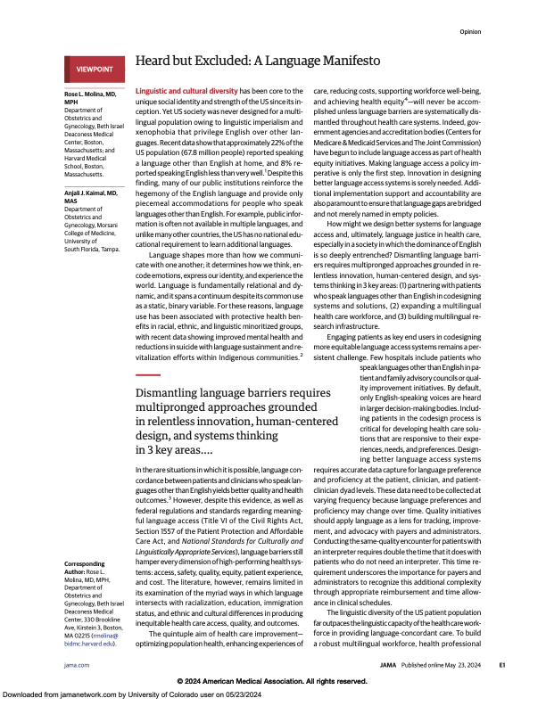 Heard but Excluded: A Language Manifesto by @Rose_L_Molina ⭐️ language concordance yields better quality/health outcomes yet language barriers persist ⭐️ approach: partner with patients to co-design solutions, expand multilingual workforce, and build multilingual research
