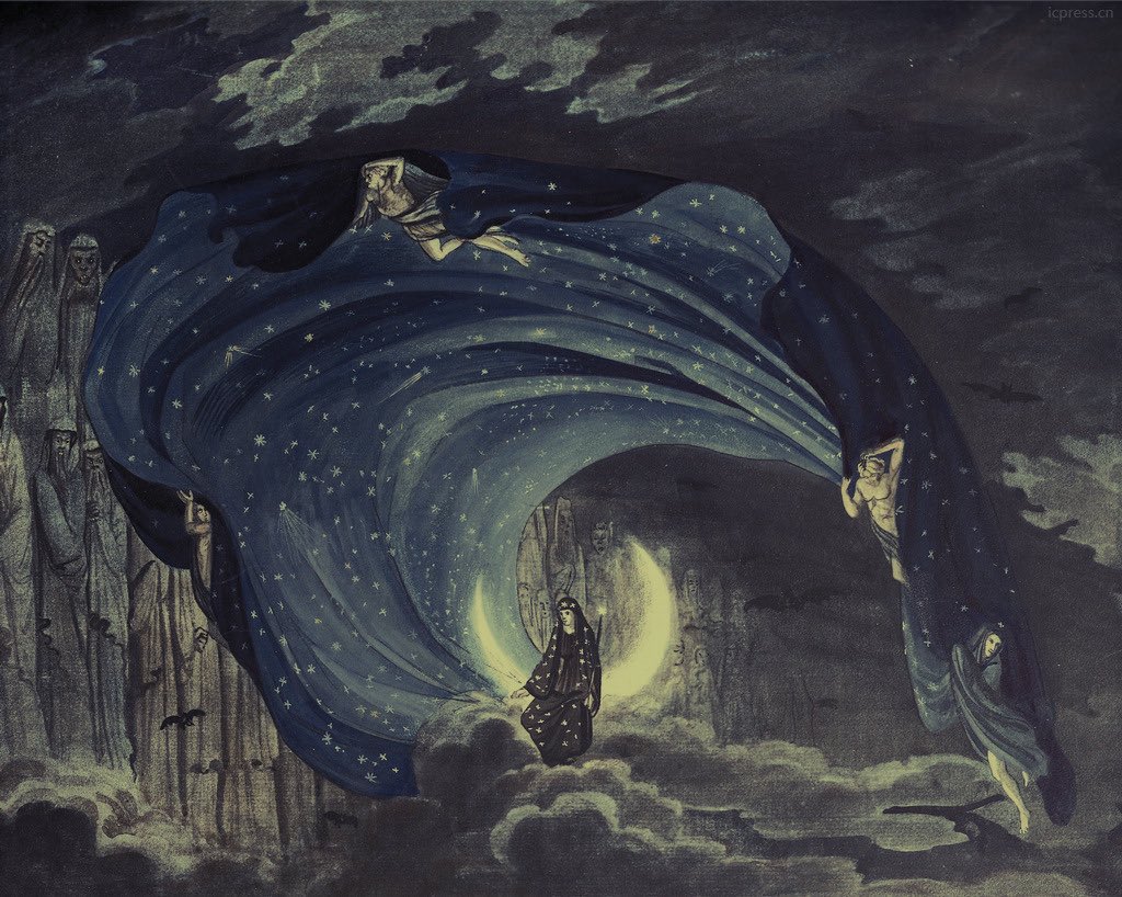 Iconic historical stage designs for The Queen of the Night sequence from Mozart’s “Magic Flute” - the first image by Karl Friedrich Schinkel in 1815, the second by Simon Quaglio in 1818