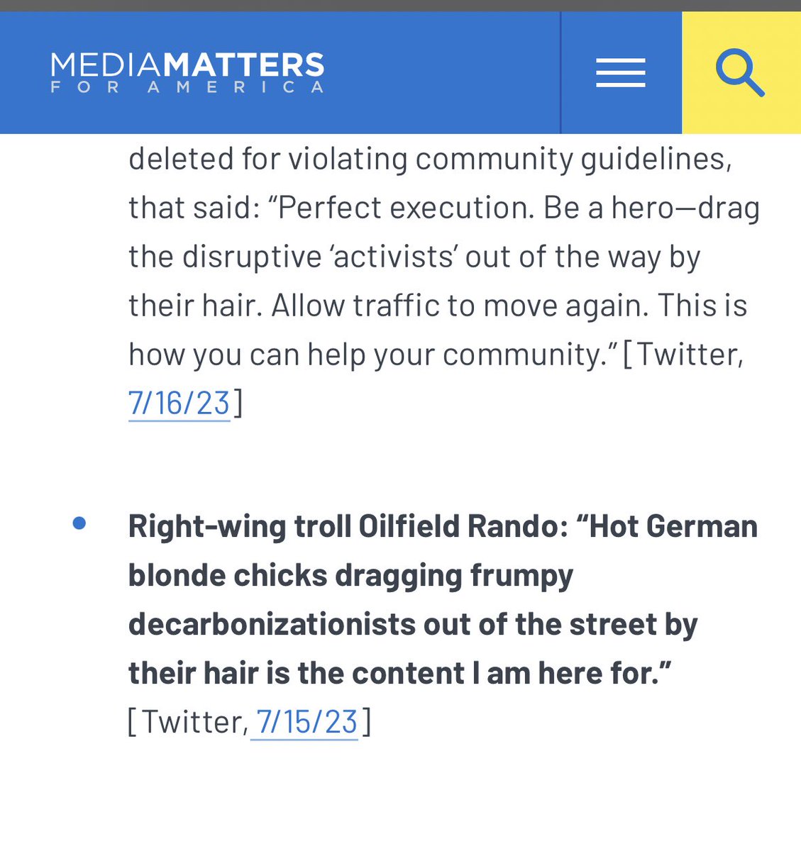 I’m horrified by the layoffs at Media Matters. Horrified. They’re doing extremely important work there. Like keeping track of what some shitposting redneck named Oilfield Rando posts on twitter dot com