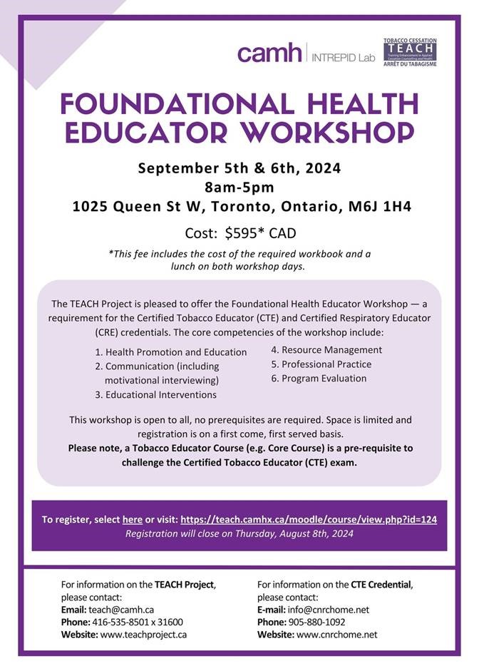TEACH Foundational Health Educator Workshop will be held on September 5th & 6th. Register here to save your spot: teach.camhx.ca/moodle/course/… #TEACHproject #STOPprogram #smokingcessation