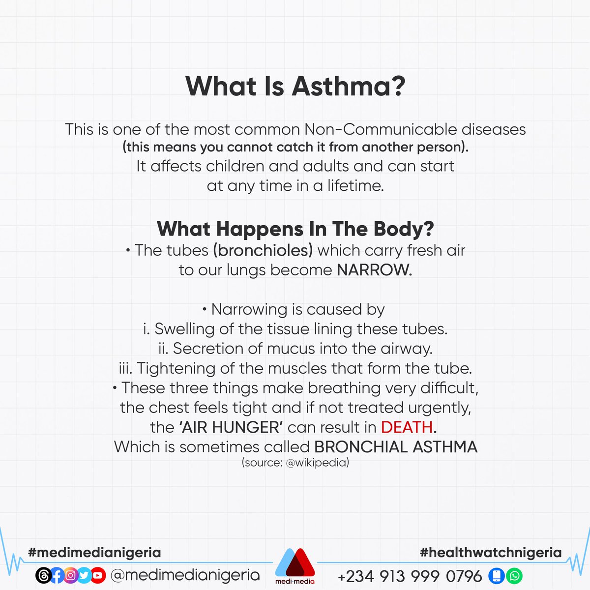 MediMediaNG's tweet photo. A condition in which a person's airways become inflamed, narrow and swell and produce extra mucus, which makes it difficult to breathe.
#medimedianigeria #healthforall #doctorsforchange #medicine #healthwatchnigeria #nigerian #explore #life #love #quotes #selflove #globalhealth https://t.co/0iPuLn5T2D