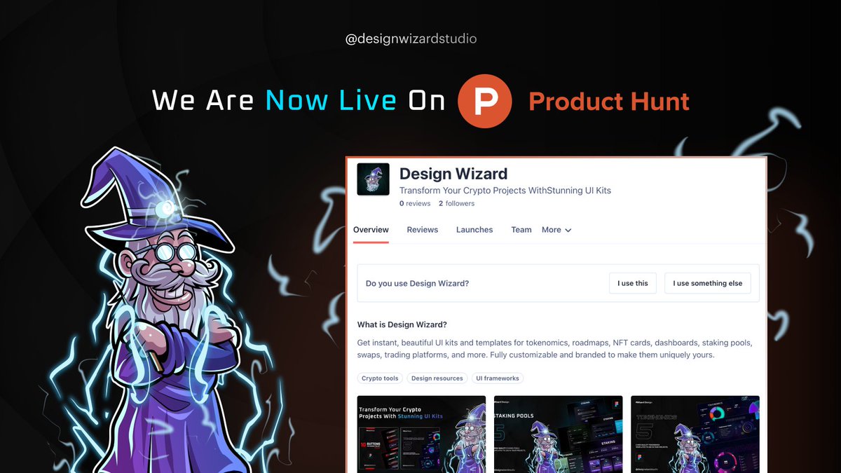 designwizardui's tweet photo. 🚀 We are live on Product Hunt! 🎉 Check out Design Wizard and transform your crypto project designs with our instant, beautiful UI kits.💫✨

#ProductHunt #CryptoDesign #UIDesign #DesignWizard https://t.co/Vkn3J8LjdW
