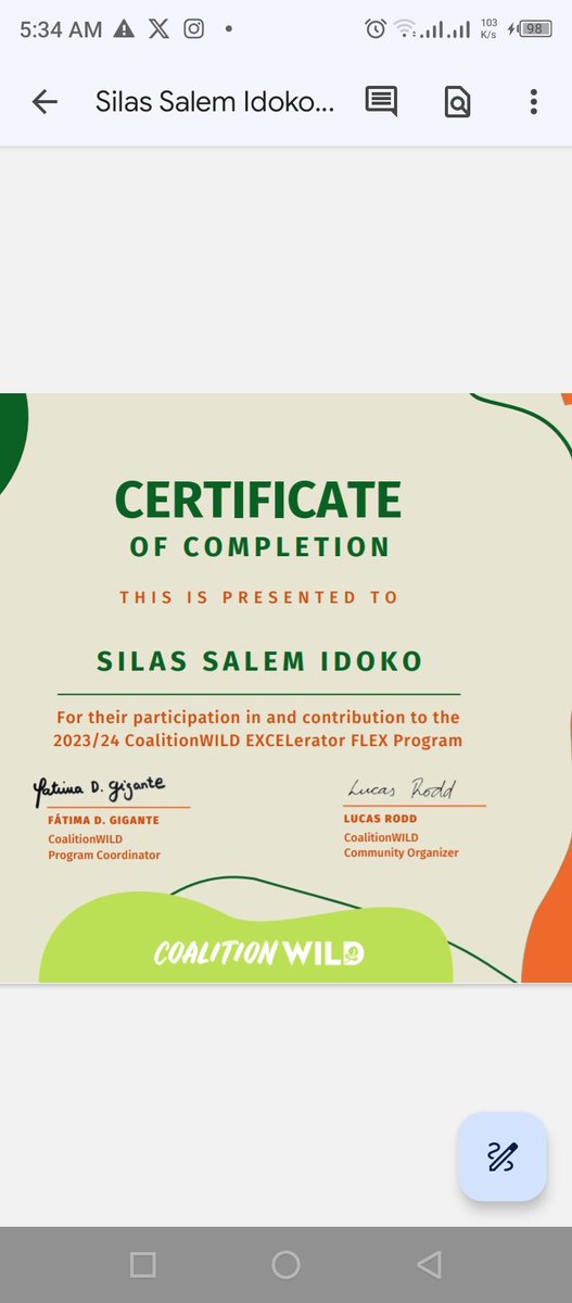 silas_salem's tweet photo. Thrilled to complete the 2023/2024 EXCELerator Flex Program by CoalitionWILD and receive the EXCELerator certificate! Proud of the hard work, dedication, and commitment over these six intense months. Ready to  be part of the changemakers! #CoalitionWILD #Leadership #Changemakers https://t.co/n5FzXovZsw