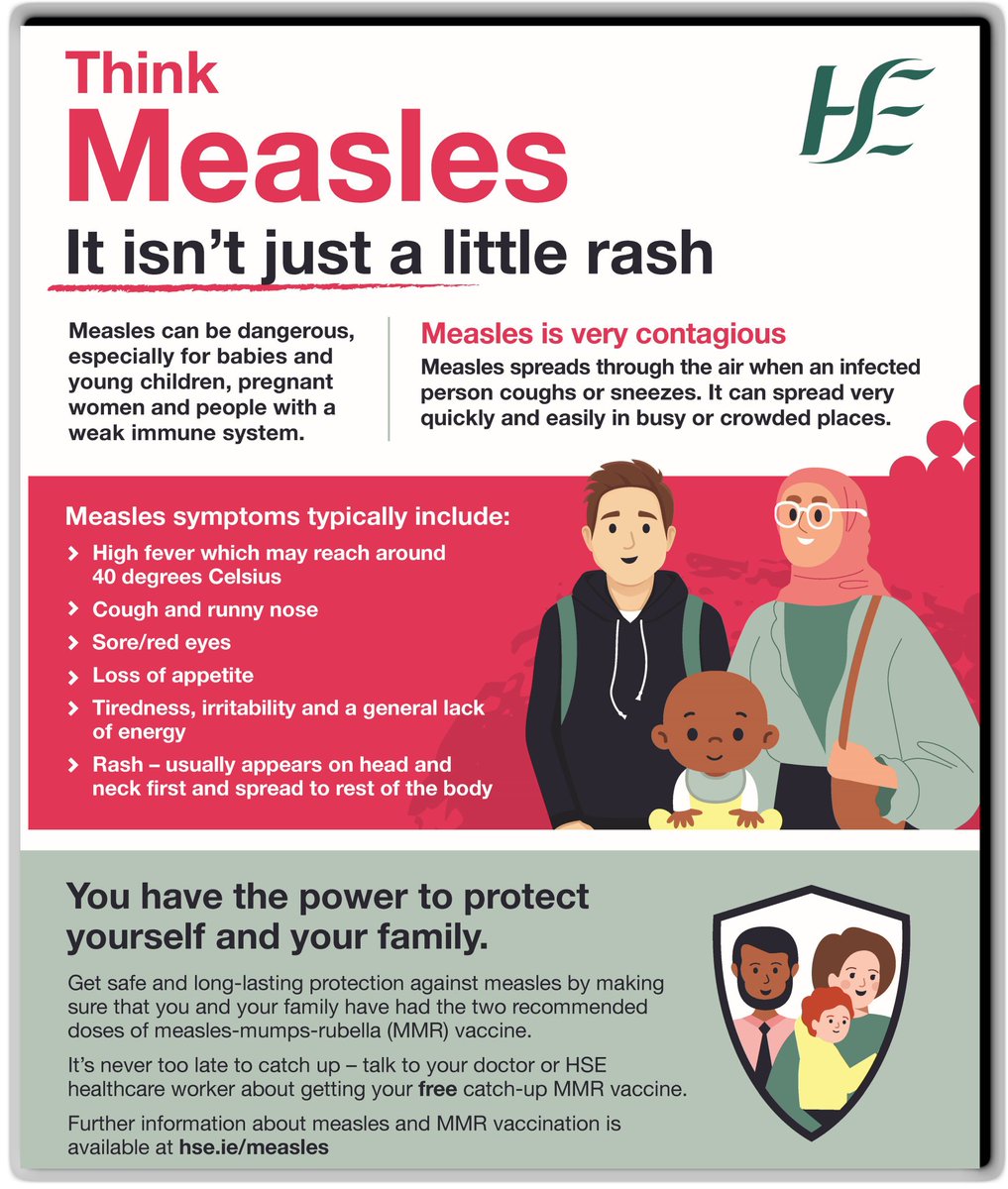 ⚠️Measles spreads quickly and easily. ⚠️Measles can cause serious illness. 💉The MMR vaccine is extremely effective at giving safe and long-lasting protection. 💉We encourage anyone who missed their vaccine to get vaccinated now. ➡️Visit hse.ie/measles for information