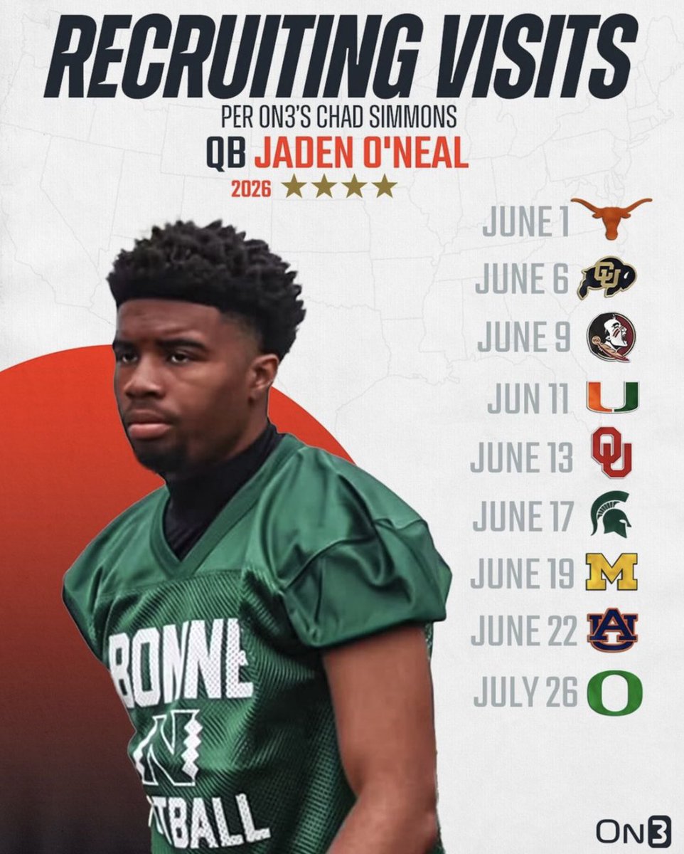 Class of 2026 elite QB Jaden O'Neal schedules summer visits - Colorado, Florida State, Miami, Michigan, Oklahoma, Oregon among contenders highschool.athlonsports.com/recruiting/202… (graphic via @Jadenoneal_26, courtesy of @On3sports)