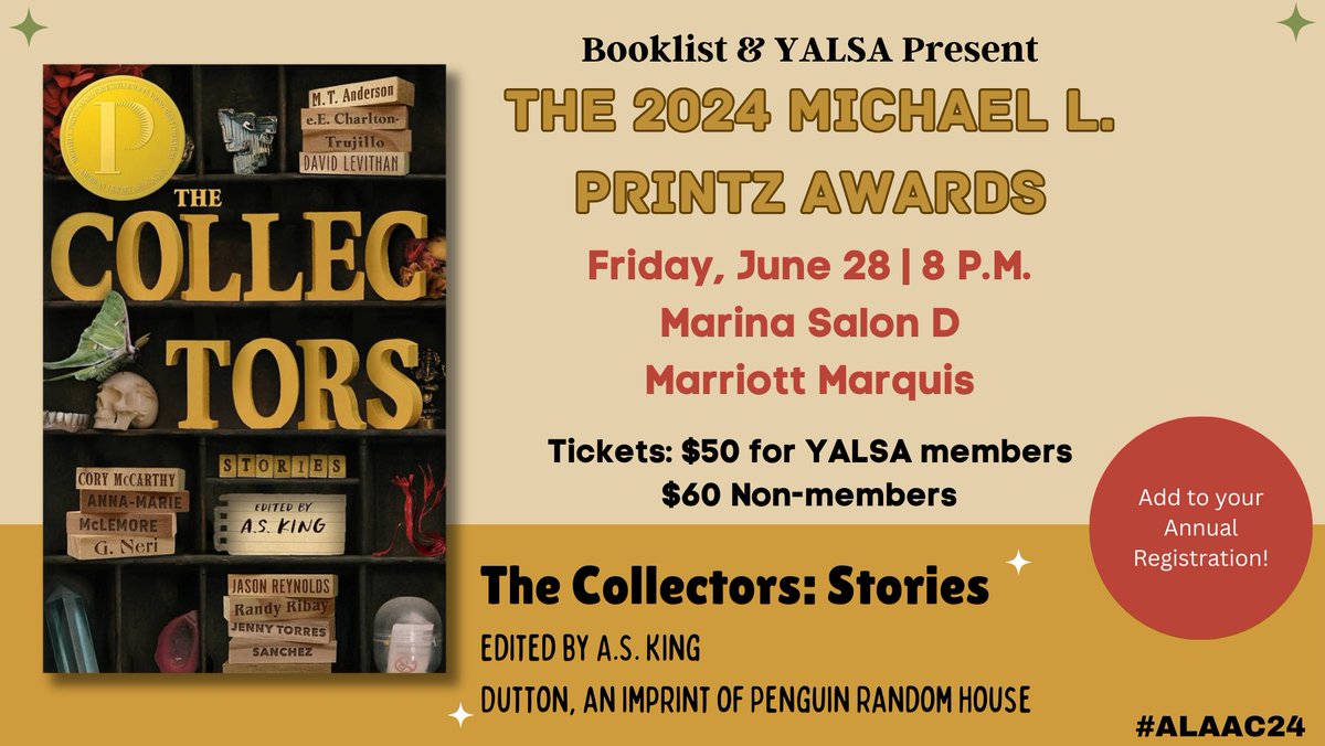 Spots are going fast for the 2024 #Printz Awards ceremony and reception on Friday, June 28 at 8:00PM PDT #ALAAC24! But it's not too late to join us and @yalsa as we celebrate some amazing YA titles! Add to your registration here: bit.ly/3JRnfZn