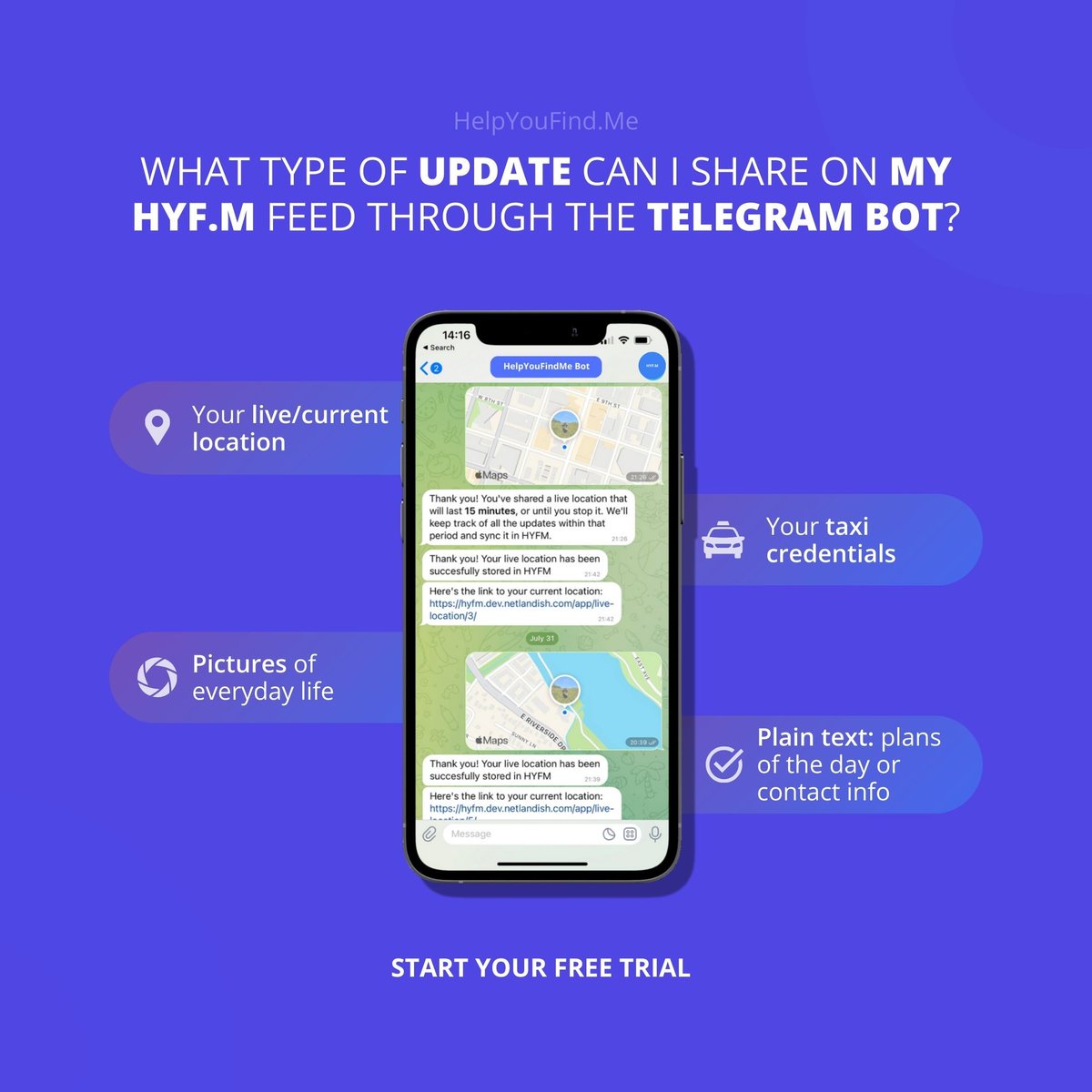 HelpYouFindMe's tweet image. Wondering what updates you can share on your #HelpYouFindMe feed through the Telegram bot? 🤔 From text messages to photos and more, our Telegram bot integration allows you to share life-saving information in one convenient location. 📲🛡️

➡️ youtu.be/bSUNBAhCJeI?si…