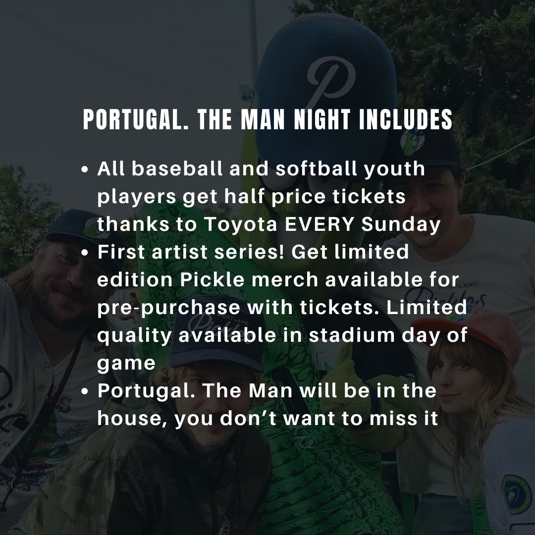 Iconic Grammy winning band Portugal. The Man and Dillon T. Pickle go way back. Come to Walker Stadium to catch the game and hang out with both Portland institutions for a legendary night of baseball. Get your tickets now! Ticket Link: picklestickets.com/event/sunday-c…