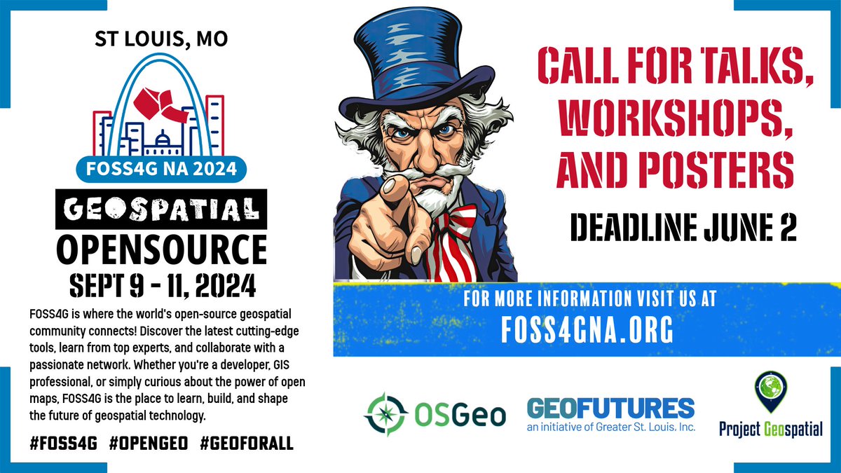 Project Geospatial (@projectgeomedia) on Twitter photo 𝗪𝗲 𝗪𝗮𝗻𝘁 𝗬𝗼𝘂!
Call for Talks, Workshops, and Posters for <a href="/foss4gna/">FOSS4G North America</a> in September! Submit by June 2nd!
🔹Submit through: lnkd.in/eJXNNA7Z
🔹Questions? Please contact: cfp@foss4gna.org
🔹Find out more about FOSS4G NA: foss4gna.org
What is FOSS4GNA?? It 𝗪𝗲 𝗪𝗮𝗻𝘁 𝗬𝗼𝘂!
Call for Talks, Workshops, and Posters for <a href="/foss4gna/">FOSS4G North America</a> in September! Submit by June 2nd!
🔹Submit through: lnkd.in/eJXNNA7Z
🔹Questions? Please contact: cfp@foss4gna.org
🔹Find out more about FOSS4G NA: foss4gna.org
What is FOSS4GNA?? It