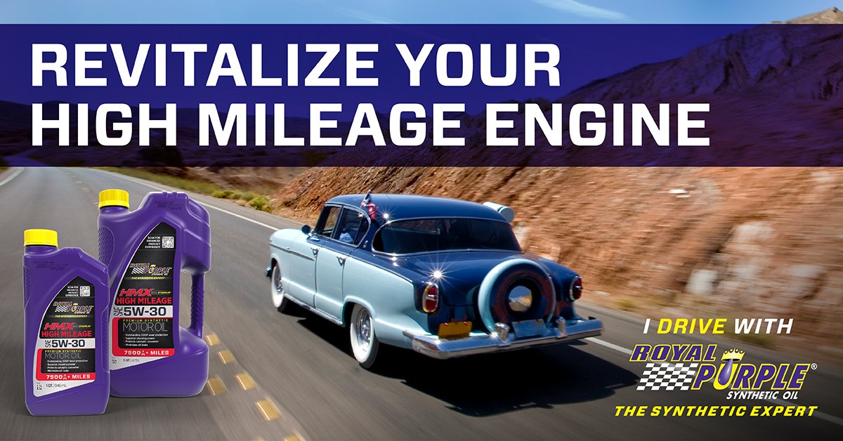 🚗 Revitalize your engine with 75,000+ miles with Royal Purple® HMX® High Mileage Premium Synthetic Motor Oil to keep it strong & reliable. It's available online at @amazon, @Walmart, @oreillyauto, @FarmandFleet, @AdvanceAuto, @SummitRacing, & @autozone #DriveWithRoyalPurple