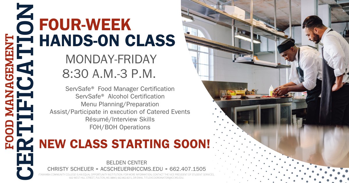 Limited space NOW available for ICC’s Food Management Certification class beginning June 3 at the Belden Center. Tuition assistance is available for qualified applicants. To register or for more information, contact continuingeducation@iccms.edu