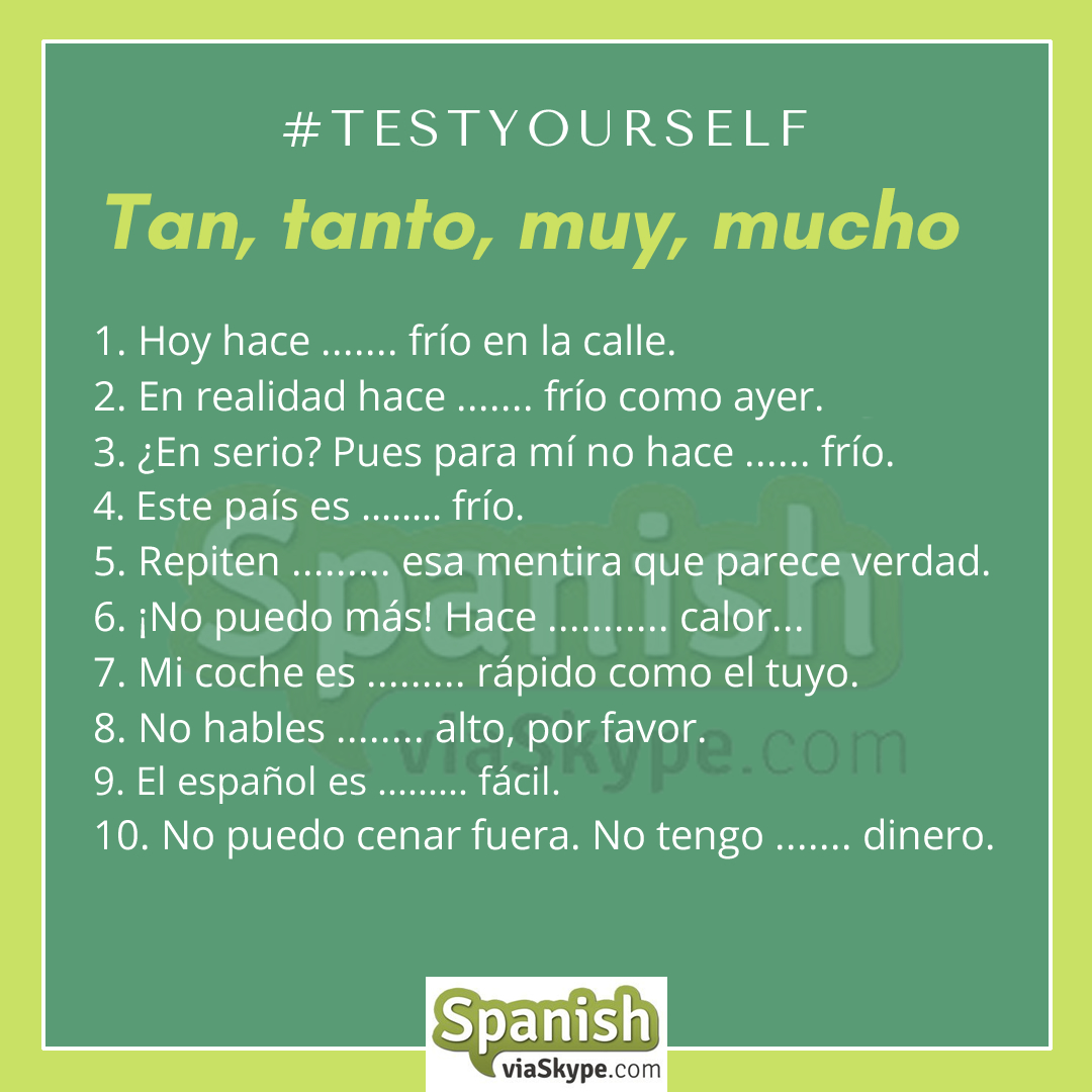 Fill the gaps using TAN, TANTO, MUY and MUCHO in #Spanish.

Test yourself!

Solutions and resources to learn about this topic, below in the comments

👇👇👇   

#learnSpanish #Spanishverbs #Spanishverbs #verbs #Spanishgrammar