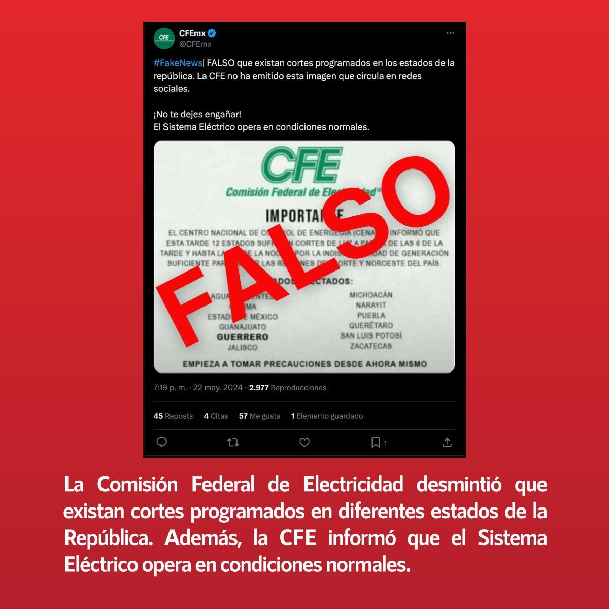 🚨#FakeNewsAlert ❌Falso que la #CFE programó cortes de luz en los estados de la República ✅La @CFEmx desmintió la información y aclaró que el Sistema Eléctrico opera con normalidad ➡️Desmentido: infodemia.mx/entrada/5596