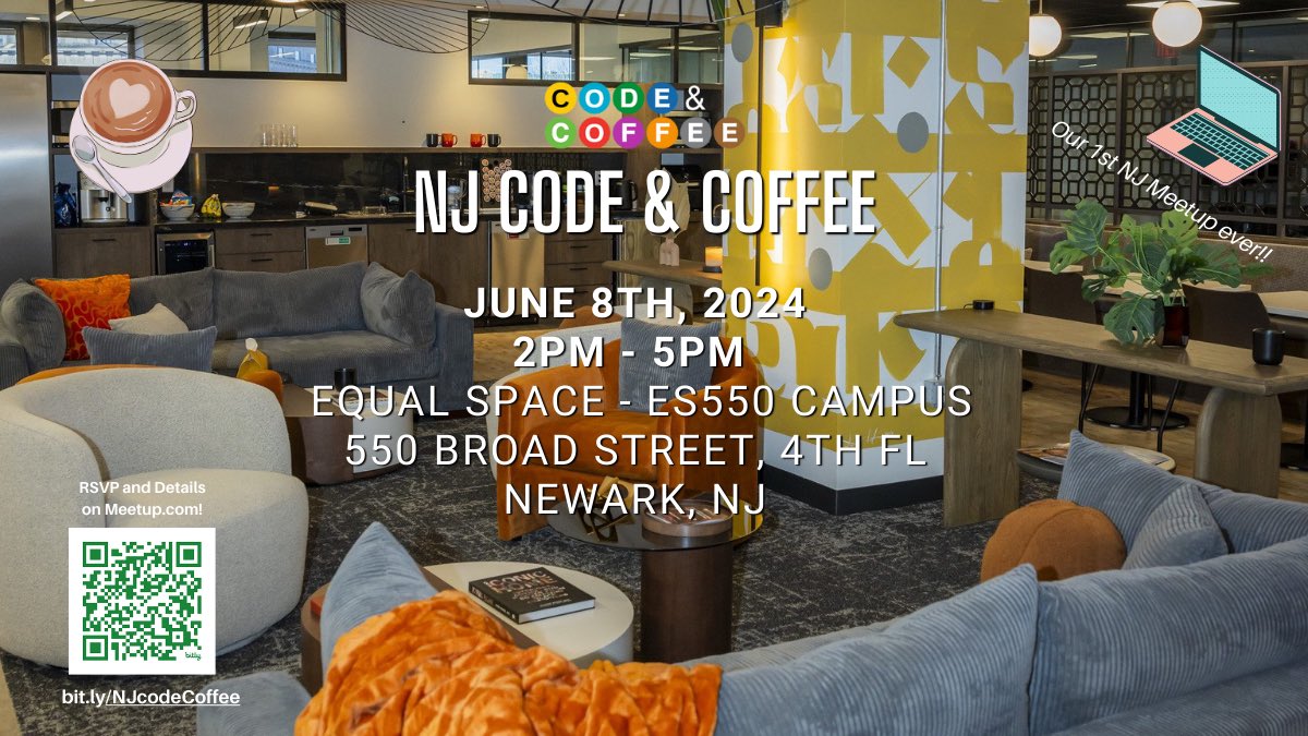 Calling all NJ techies! Join the first Code and Coffee NJ meetup at <a href="/EqualSpaceCo/">Equal Space</a> ES550 Tech Campus. Developers, data scientists, UX/UI designers, product managers, and tech-curious—all are welcome! Bi-weekly networking and co-working. Register at meetup.com/nj-code-coffee