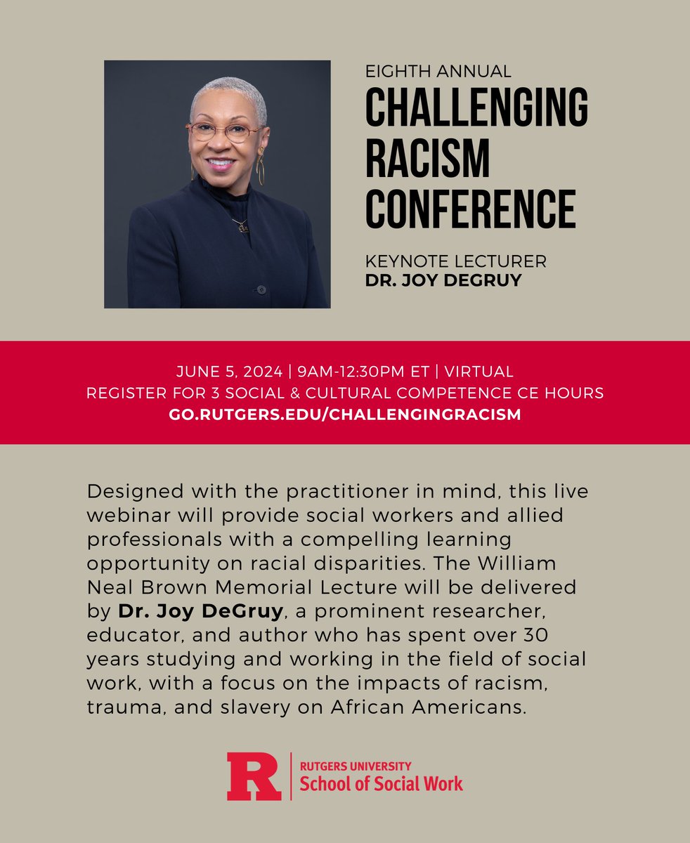#RutgersSSW's Annual Challenging Racism Conference is coming up on 6/5. Designed with the practitioner in mind, this live webinar will provide social workers and allied professionals with a compelling learning opportunity on racial disparities. Register: ssw-ce.rutgers.edu/index.php?m=ca…