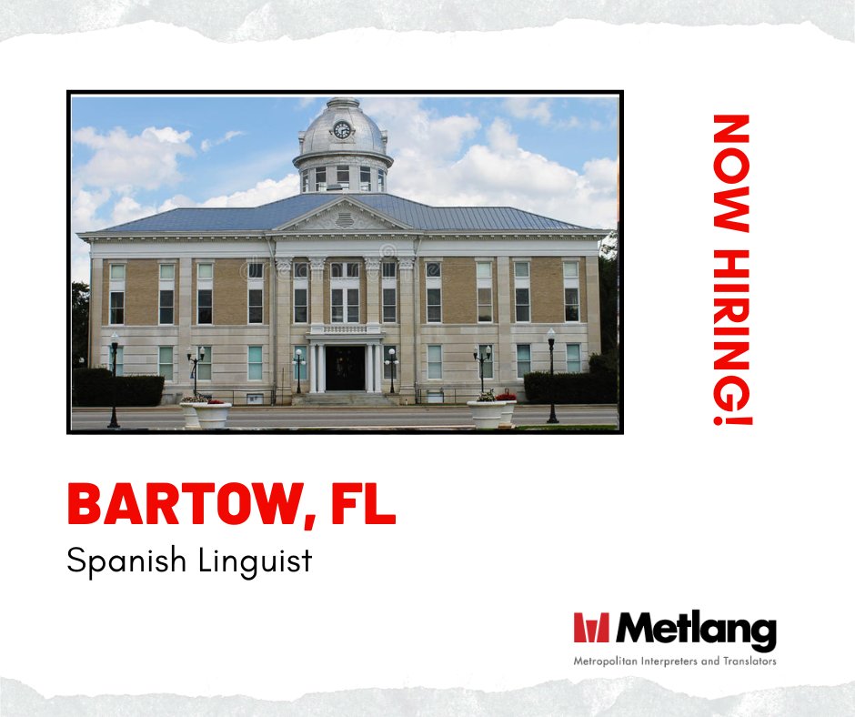 MetLangJobs's tweet photo. Calling all Spanish Linguists in Bartow, FL.

Metlang is hiring! Click the link in our bio to apply or to see where else we are hiring!

#NowHiring #Recruiting #Translators #Interpreter #Interpretation #Bilingual #Linguist #Metlang #Spanish https://t.co/gbWs7RKfC8