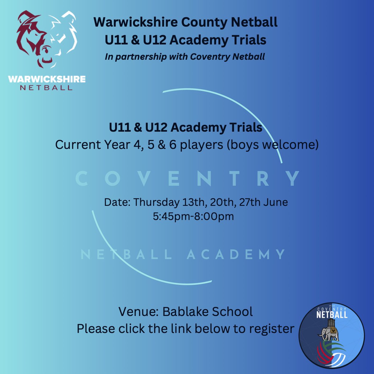 WarksNetball's tweet photo. There is still time to register for our U11 and U12 Academy Trials...click the link in our bio to register https://t.co/PA9gygQyCm