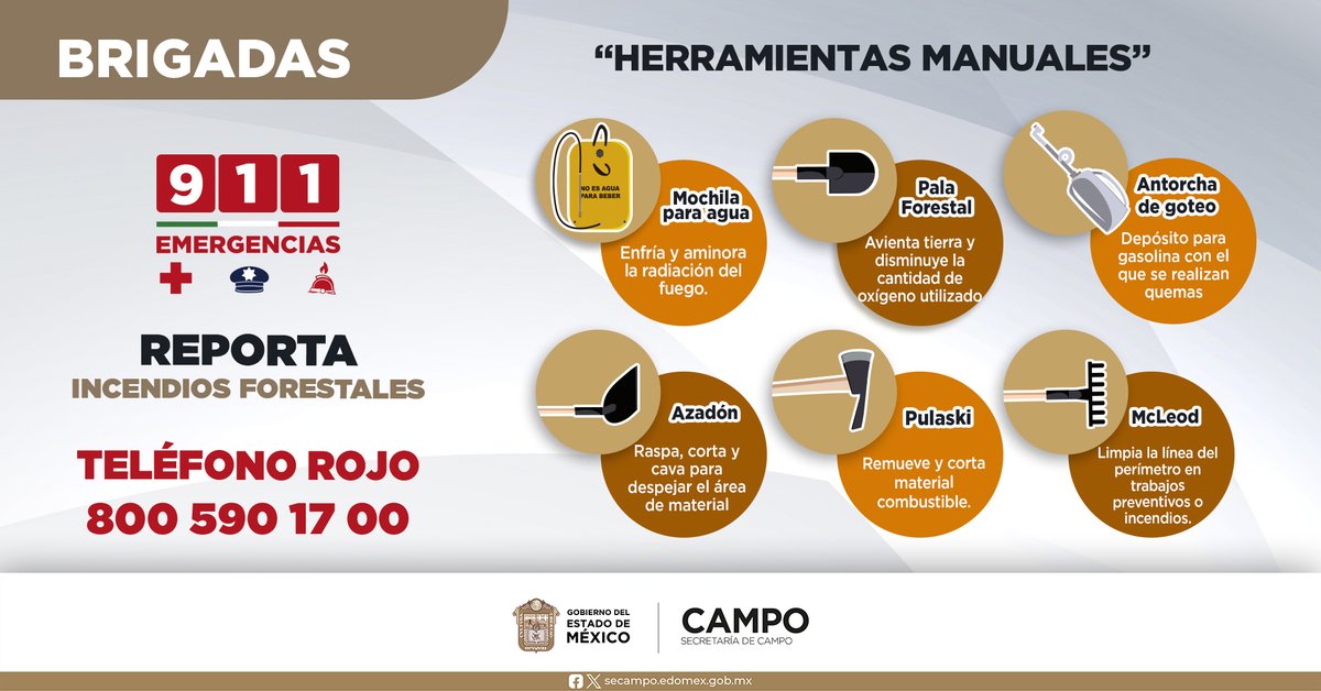 ¡Descubre las herramientas que utilizan nuestros brigadistas en el combate de #IncendiosForestales! 
 
Cada una les permite realizar labores esenciales para sofocar el fuego. 
#PrevenirEsMejorQueCombatir