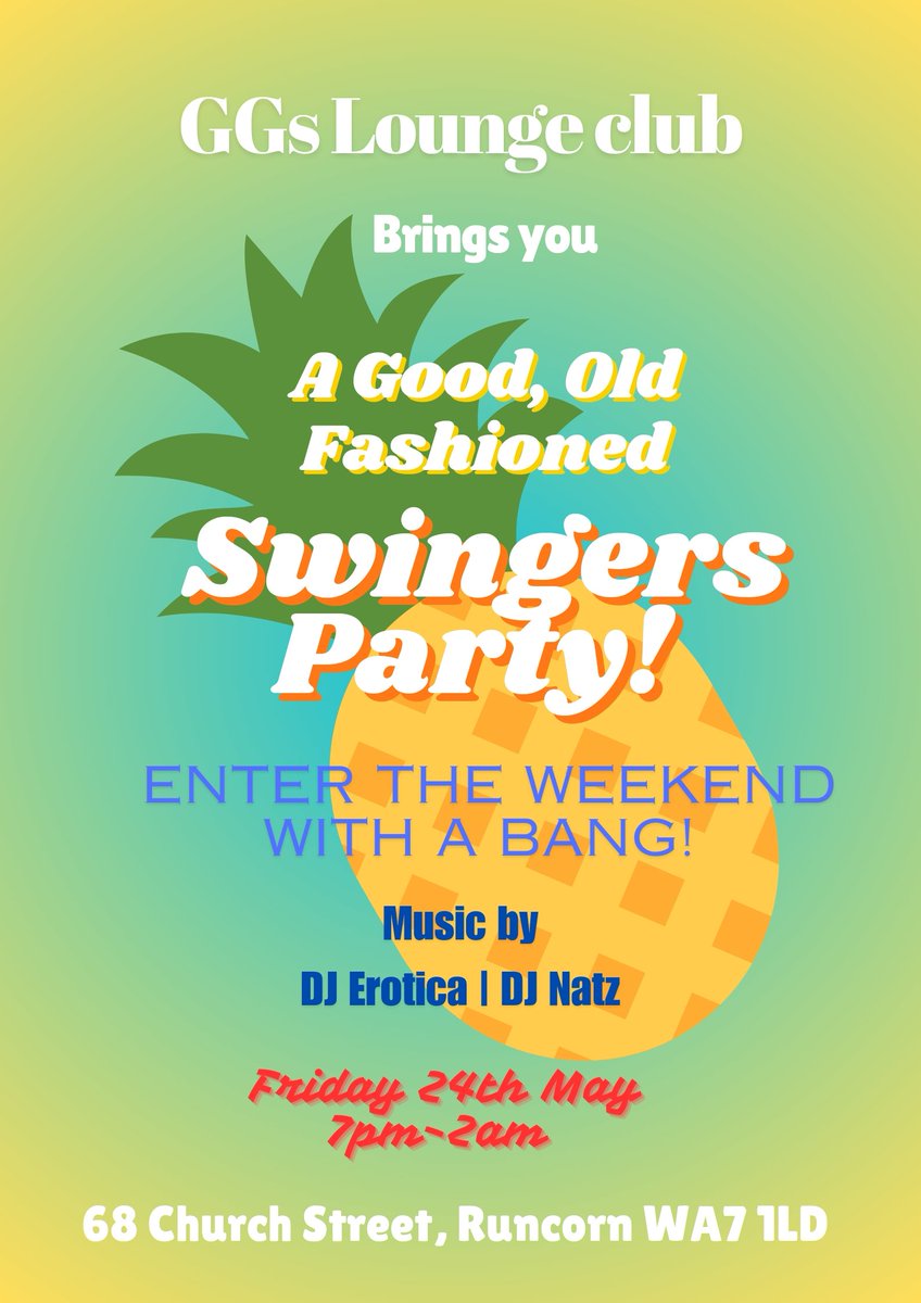 ggs_lounge's tweet photo. This weekend at Club GGs Lounge! Party night Fri, Reggae&amp;Rum event Sat, bank hol Sun all day swinging!
Fri/Sat 7pm-2am, Sun 2pm-12am
BYOB

#ggslounge #clubggs #misseroticaevents #swingersevents #swingersruncorn #pineapplelifestyleapp @_PineappleApp https://t.co/DgoMNdOCbW