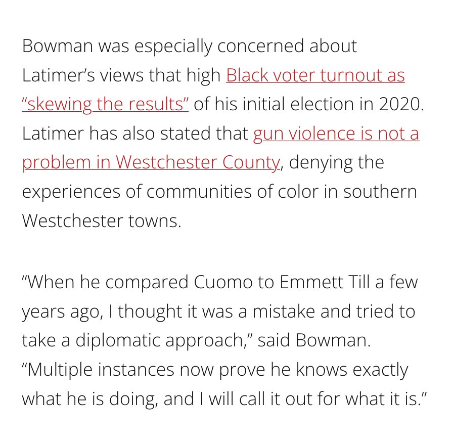 White people vote in elections. Black people “skew” elections. It seems that George Latimer was not only recruited by Republican billionaires to challenge Congressman Bowman, but because he adopted their MAGA beliefs. amsterdamnews.com/news/2024/05/2…