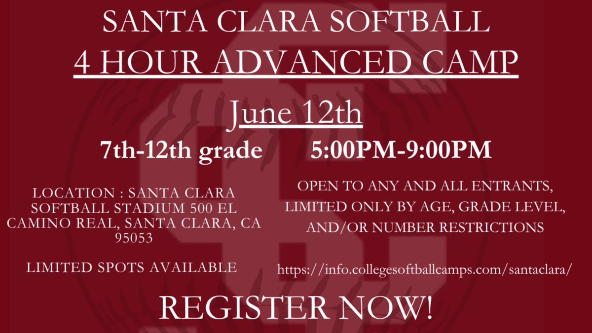 Calling All Future Broncos! Our advanced camp is coming up in less than a month on June 12!! There are limited spots available. Camp website & registration page ➡️ info.collegesoftballcamps.com/santaclara/ #SCUBroncos #StampedeTogether