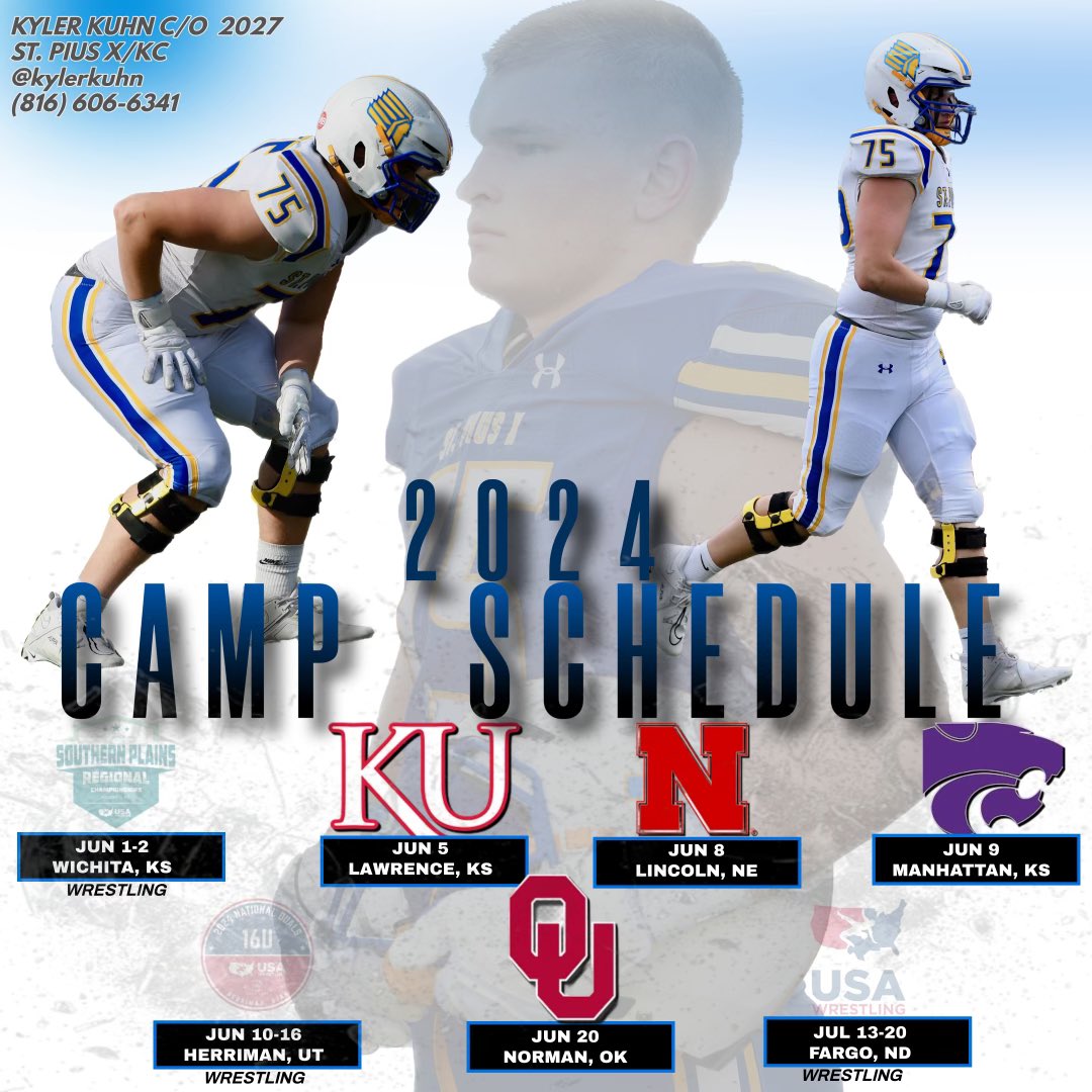 Kyler Kuhn (@kylerkuhn) on Twitter photo Due to my wrestling schedule I can only attend 4 camps this summer. Very excited for these 4 though. <a href="/CoachSvarczkopf/">Greg Svarczkopf</a> <a href="/DonovanRaiola/">Donovan Raiola</a> <a href="/CoachCRiles/">Conor Riley</a> <a href="/OU_CoachB/">Bill Bedenbaugh</a> <a href="/Coach_Simone73/">Anthony Simone</a> <a href="/Coach_Haferbier/">Jared Haferbier</a> <a href="/ChrisGomez54/">Chris Gomez</a> <a href="/FootballSpx/">SPX_Football</a> Due to my wrestling schedule I can only attend 4 camps this summer. Very excited for these 4 though. <a href="/CoachSvarczkopf/">Greg Svarczkopf</a> <a href="/DonovanRaiola/">Donovan Raiola</a> <a href="/CoachCRiles/">Conor Riley</a> <a href="/OU_CoachB/">Bill Bedenbaugh</a> <a href="/Coach_Simone73/">Anthony Simone</a> <a href="/Coach_Haferbier/">Jared Haferbier</a> <a href="/ChrisGomez54/">Chris Gomez</a> <a href="/FootballSpx/">SPX_Football</a>