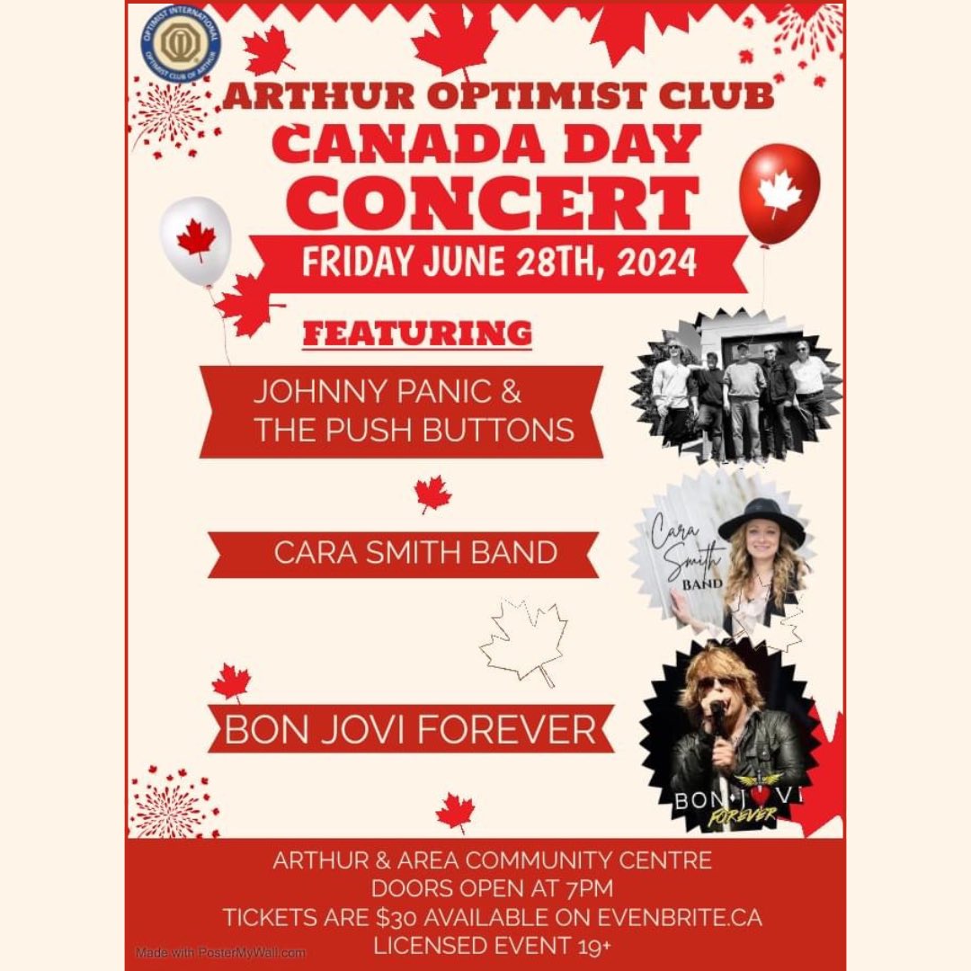 Now this is going to be a fun way to start the Canada Day Long Weekend! Get your tickets before they are all gone 🍁
.
.
.
#carasmith #canadaday #longweekend #arthuroptimistclub #canadadayconcert