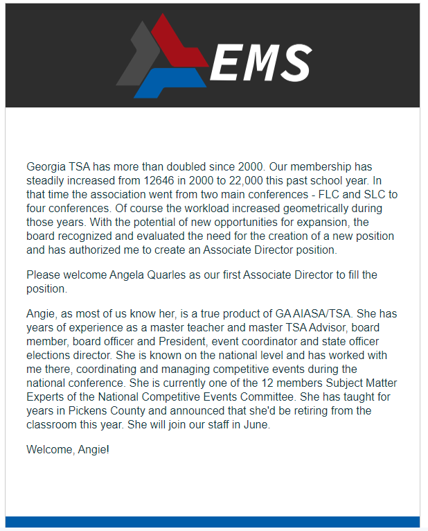 On June 1st I will begin my new position as the first Associate Director of <a href="/GeorgiaTSA1/">Georgia TSA</a> . It's an incredible honor to have the opportunity to work for the organization that inspired me to begin my journey as a teacher decades ago. #GATSA #CTSO #CTAEDelivers <a href="/GeorgiaCTAE/">Georgia CTAE</a>