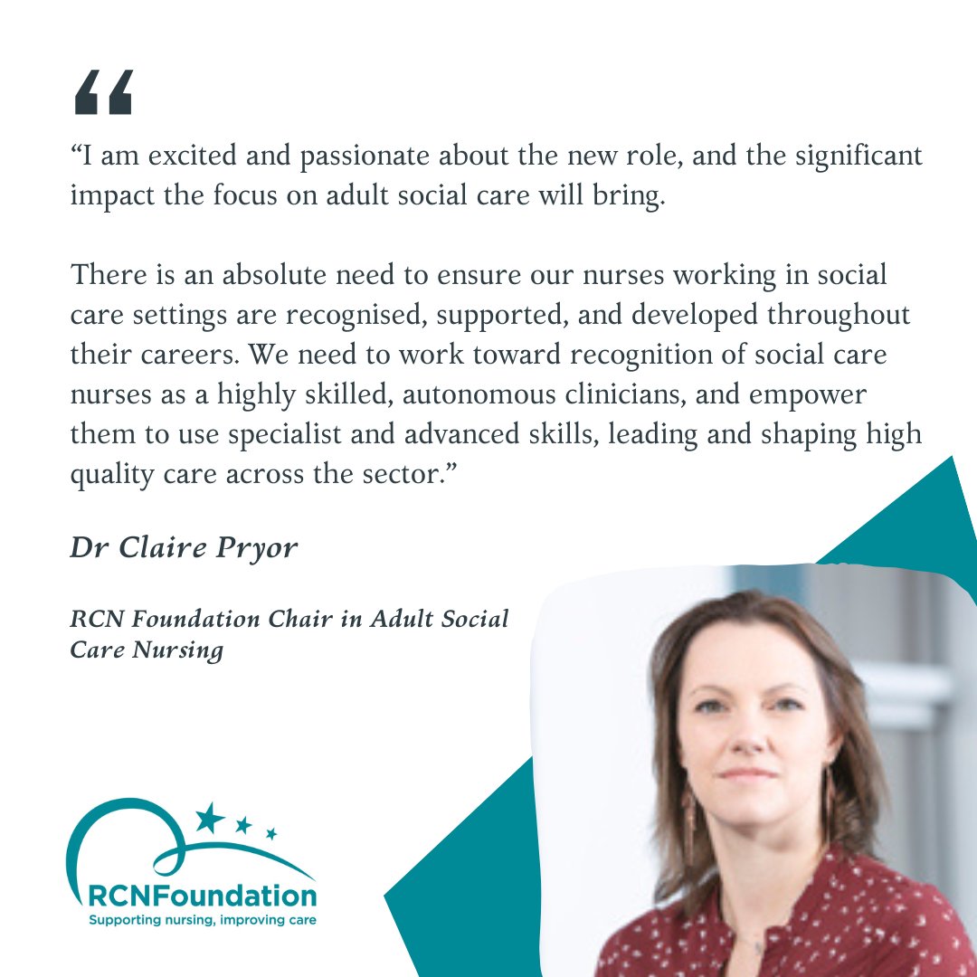 We're delighted to announce that @clairepryordsd has been appointed as the RCN Foundation Chair in Adult Social Care Nursing at @SalfordUni. This is a momentous step for the nursing profession and the wider social care sector. Learn more about Claire 👇 bit.ly/3Ts7MEO