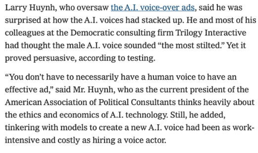 Trilogy Interactive (@trilogyint) on Twitter photo AI hasn’t transformed political campaigning, but it has raised new possibilities. Trilogy Partner <a href="/larryhuynh/">Larry Huynh</a> spoke to the <a href="/nytimes/">The New York Times</a> about the experience of using AI to produce political ad voiceovers that are eerily on par with human ones: AI hasn’t transformed political campaigning, but it has raised new possibilities. Trilogy Partner <a href="/larryhuynh/">Larry Huynh</a> spoke to the <a href="/nytimes/">The New York Times</a> about the experience of using AI to produce political ad voiceovers that are eerily on par with human ones: