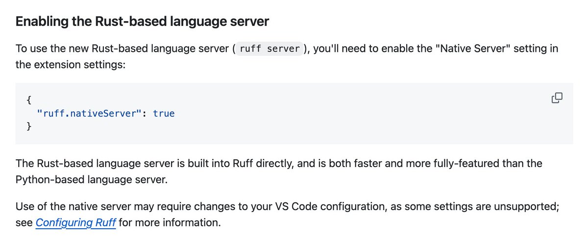 charliermarsh's tweet image. We rewrote Ruff&apos;s language server in Rust, and built it into Ruff directly.

`ruff server` is now in Beta.

Enable it in the VS Code extension today via the &quot;Native Server&quot; setting.