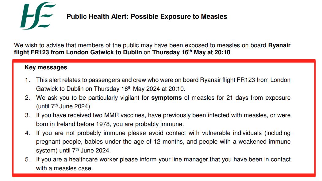 📢Department of Public Health HSE Dublin and South East measles alert ⬇️ 🧵1/3 We are advising that members of the public may have been exposed to measles on board Ryanair flight FR123 from London Gatwick to Dublin on Thursday, 16 May at 20:10hrs.