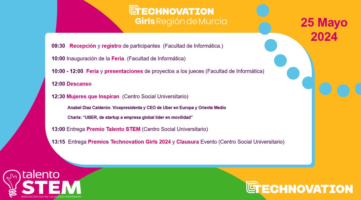 Irene Ruiz (@ireneruizpozo) on Twitter photo Me hace mucha ilusión estar este sábado 25 de mayo en <a href="/TechnovationMur/">Technovation Girls Murcia</a> ✨🏆
Comenzará en la Facultad de Informática de la Universidad de Murcia a las 10:00 💥
Venid a ver los súper proyectos que presentan los equipos y disfrutad de todo lo que han preparado 😊
<a href="/mjcandel/">maría josé candel</a> Me hace mucha ilusión estar este sábado 25 de mayo en <a href="/TechnovationMur/">Technovation Girls Murcia</a> ✨🏆
Comenzará en la Facultad de Informática de la Universidad de Murcia a las 10:00 💥
Venid a ver los súper proyectos que presentan los equipos y disfrutad de todo lo que han preparado 😊
<a href="/mjcandel/">maría josé candel</a>