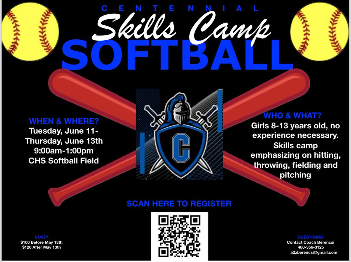 CHSKnightsSB's tweet photo. CHS Softball Camp registration is live! Camp will be June 11-13th from 9-1 pm for girls ages 8-14 years old. Camp focuses on the fundamentals of hitting, throwing, fielding and pitching.
Link in to register: https://t.co/CixIdcLOPZ https://t.co/RzTDhuEopg