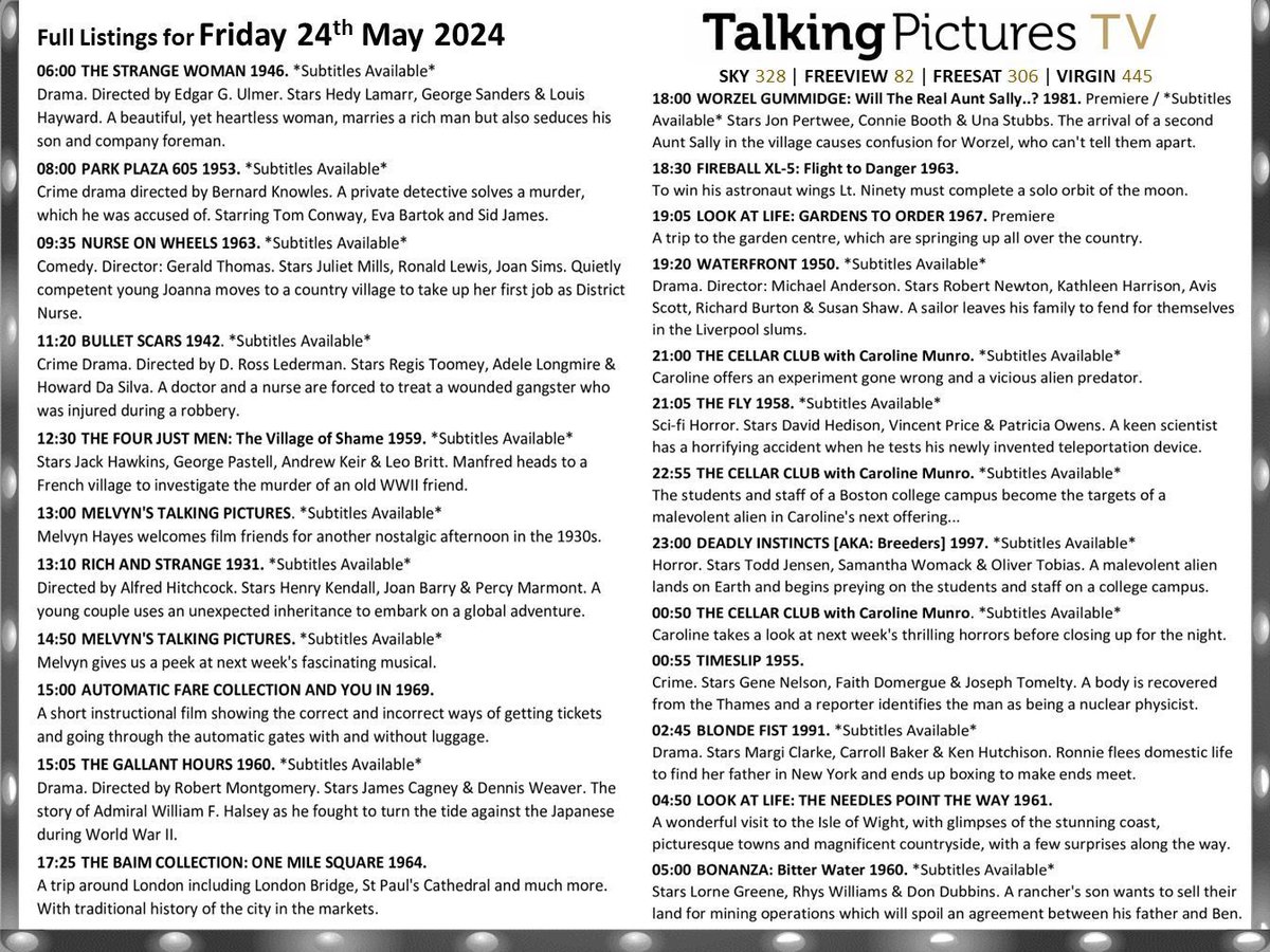 Full listings for tomorrow, Friday 24th May, on #TalkingPicturesTV