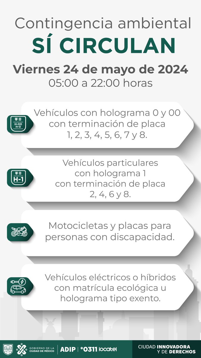 ⚠️ ¡Atención! ⚠️

Se mantiene la Contingencia Ambiental en la Ciudad de México 🚙🚕🚗para este viernes 24 de mayo del 2024.
 
gob.mx/comisionambien…
 
Estas son las restricciones👇🏽