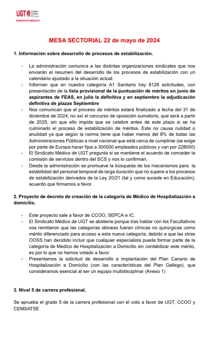 UGTmedicos's tweet photo. MESA SECTORIAL 22 DE MAYO

Enviamos resumen de la Mesa Sectorial con los principales puntos a tratar: 

1.- Procesos de Estabilización
2.- Creación de la nueva categoría de Médico de Hospitalización a Domicilio 
3.- Creación y desarrollo del 5 nivel de Carrera Profesional https://t.co/w4xYcG4exU