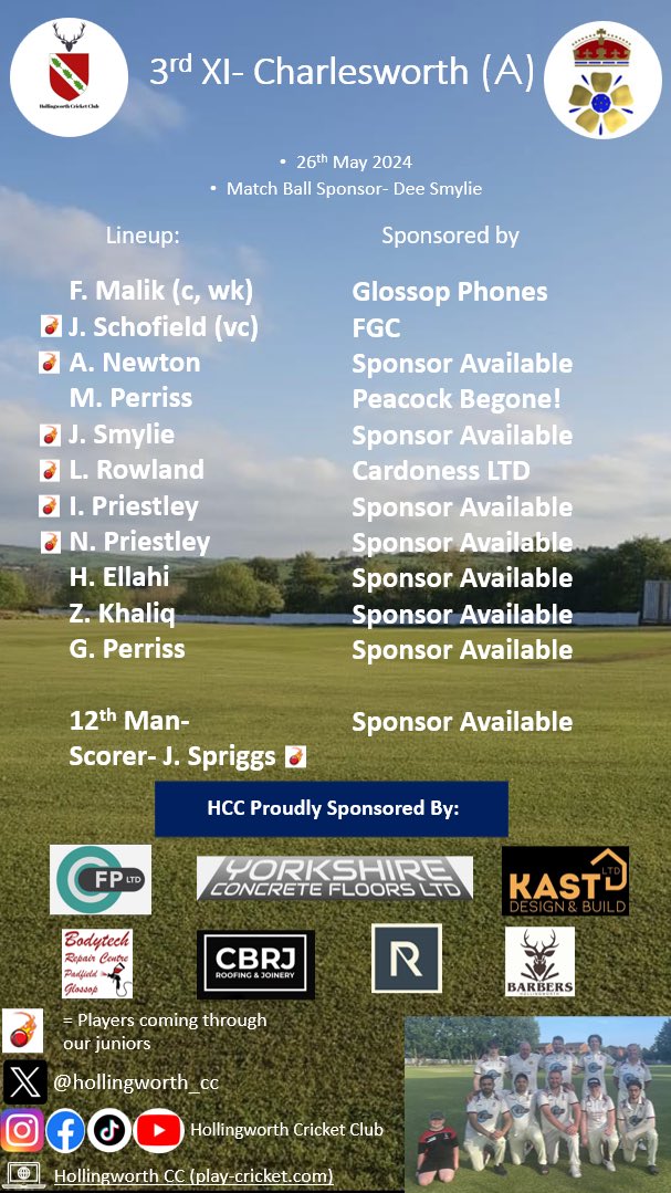 We're pleased to confirm the teams for this weekends fixtures with games Saturday and Sunday❤️ 1XI vs Broadbottom Cricket Club 2XI vs Pott Shrigley C.C. 3XI vs Charlesworth And Chisworth Cricket Club
A big thank you to all of our sponsors! 🤝
#upthehollies #backingthehollies ❤️🖤